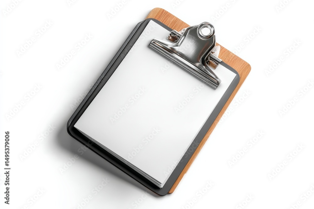 Poster Blank clipboard placed on a white surface with a wooden border for notes and sketches during a creative brainstorming session