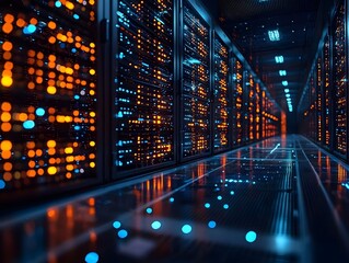 Futuristic data center with glowing servers and high tech equipment