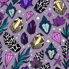 A sparkling seamless pattern with animal prints carved into crystalline textures like quartz, amethyst, and obsidian.


