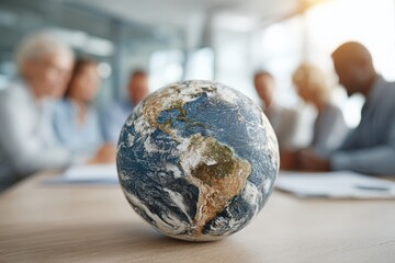 Global collaboration and teamwork in a modern office setting with a globe as the focal point