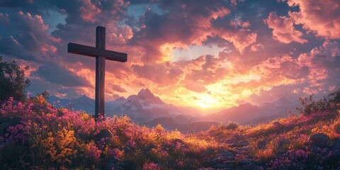 Sunset over mountain landscape with a wooden cross surrounded by vibrant flowers in bloom