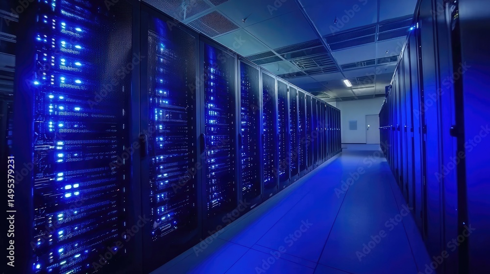 Fototapete Clean high-tech server room with glowing blue lights and secure enclosures, suitable for IT presentations, server management, and cloud computing visuals