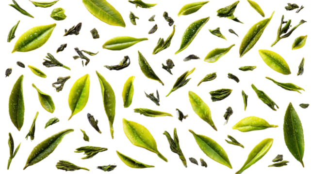 Green Tea Leaves Pattern: A captivating pattern of green tea leaves, with their intricate details and varying shades, arranged in a harmonious and visually pleasing composition.
