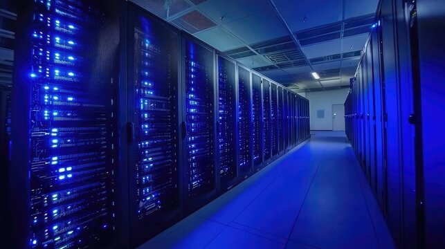 Clean high-tech server room with glowing blue lights and secure enclosures, suitable for IT presentations, server management, and cloud computing visuals