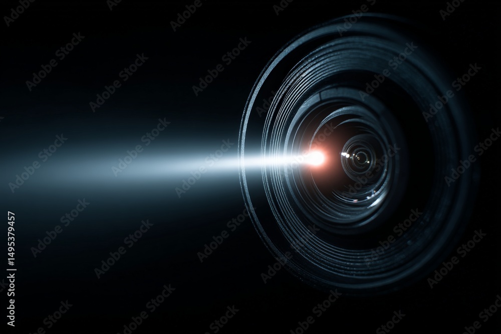 Poster camera lens capturing light beam in dark environment with focus on optical elements