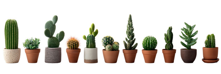 Desert Garden: a collection of potted cacti and succulents in a row. A vibrant display of desert flora showcases diverse shapes and textures in a natural light studio.