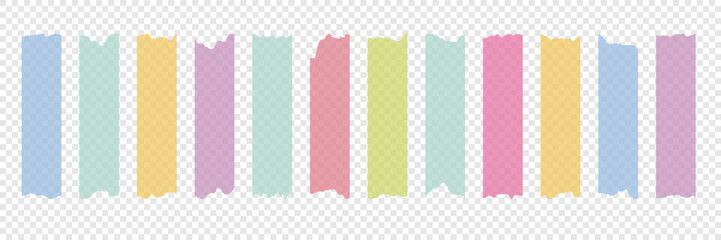 Colorful torn sticky tape set in pastel tones on Transparent background. Realistic ripped paper texture. Ideal for digital scrapbooking, collage, planner, sticker, social media design, DIY projects
