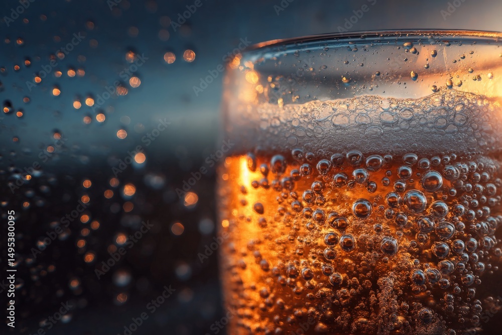 Aufkleber Bubbles rising in a glass of beer at sunset creating a refreshing and inviting atmosphere