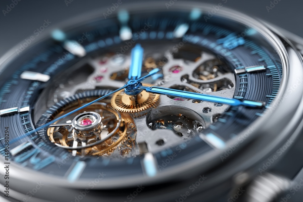 Aufkleber intricate details of a mechanical watch showcasing its blue hands and intricate movement structure