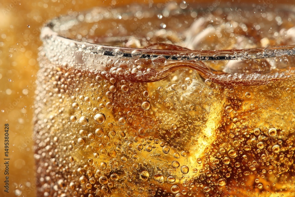 Poster refreshing cold beverage with ice and bubbles captured in detail during summer gathering
