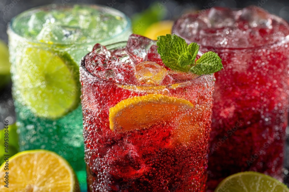 Poster refreshing colorful drinks served with ice and citrus garnishes on a bright summer day