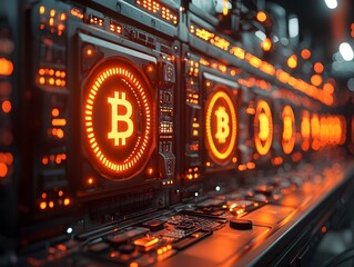 Cryptocurrency mining farm with glowing digital currency symbols