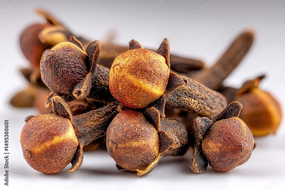 Poster Cloves arranged neatly on a white surface showcasing their rich brown color and unique shape in a close-up perspective