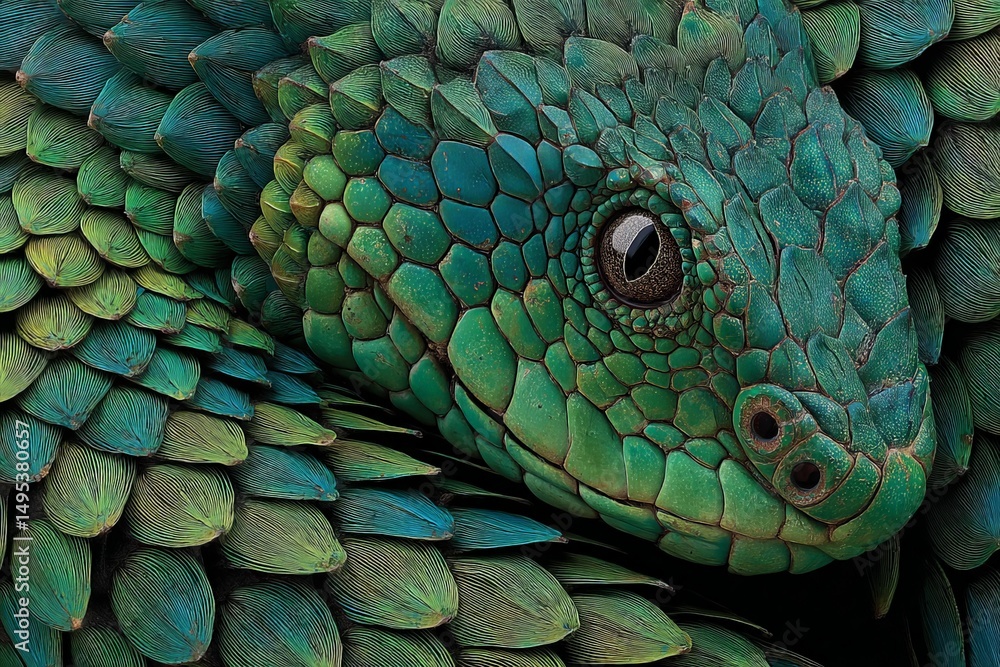 Poster colorful close-up of a green reptile showcasing intricate scales and textures in a natural environme