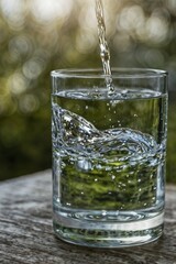 Clear Water Being Poured into a Glass Outdoors