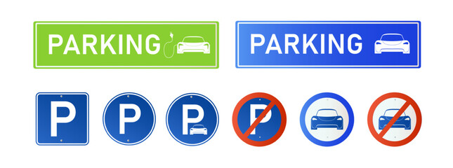 Fototapeta premium Car parking eco electric icon set. Parking and traffic signs isolated on white background. Map parking pointer. Vector