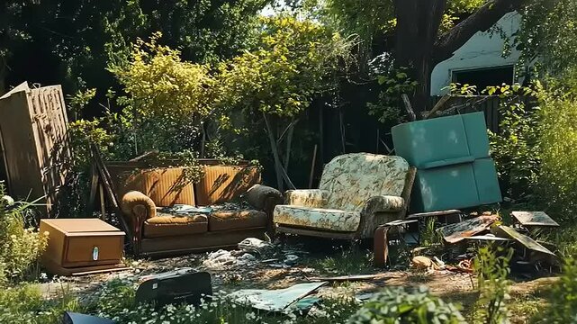 Abandoned garden scene with overgrown furniture and discarded items amidst lush greenery