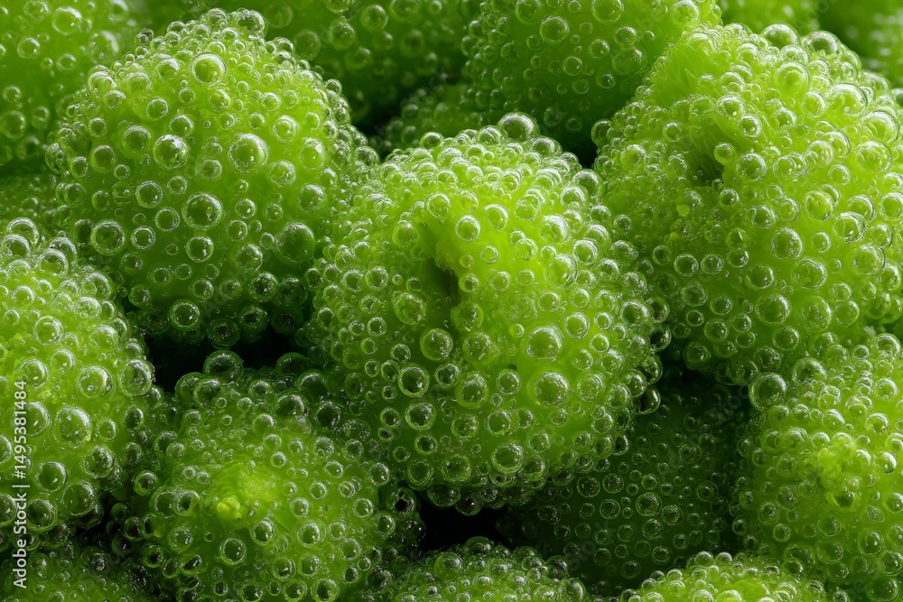 Poster close-up view of glistening green grapes covered in bubbles in a fresh and vibrant setting