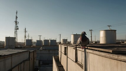Obraz premium Urban Bird A Pigeon Perched on Industrial Rooftop, Contrasting Nature and Industry