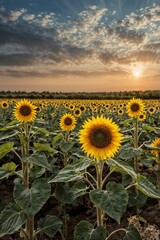Fototapeta premium Vibrant Sunflower Field at Sunset