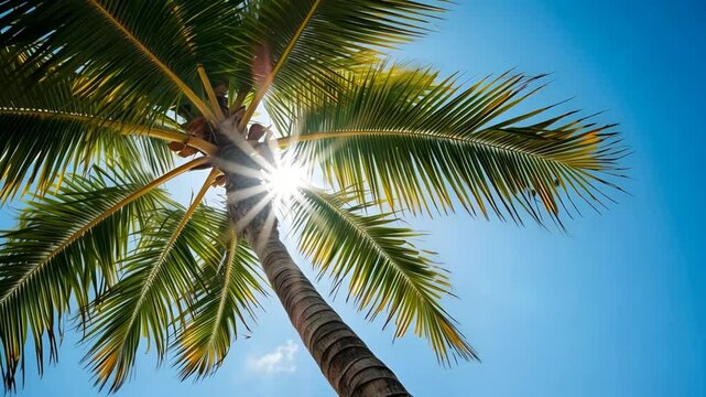 Bottom up view of a palm tree with a blue sunny sky. The sun's rays shine through the leaves of a palm tree. Beach, relaxation. Traveling to warm countries