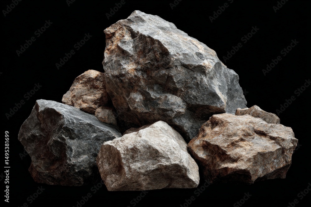Poster natural rocks arranged in a scattered formation with varied textures and colors on a black surface
