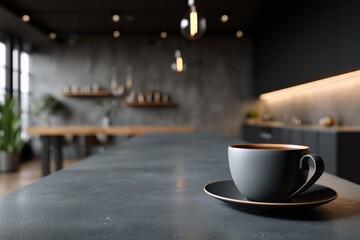 Coffee cup on the countertop in a modern kitchen with ambient lighting and decorative shelves in the background
