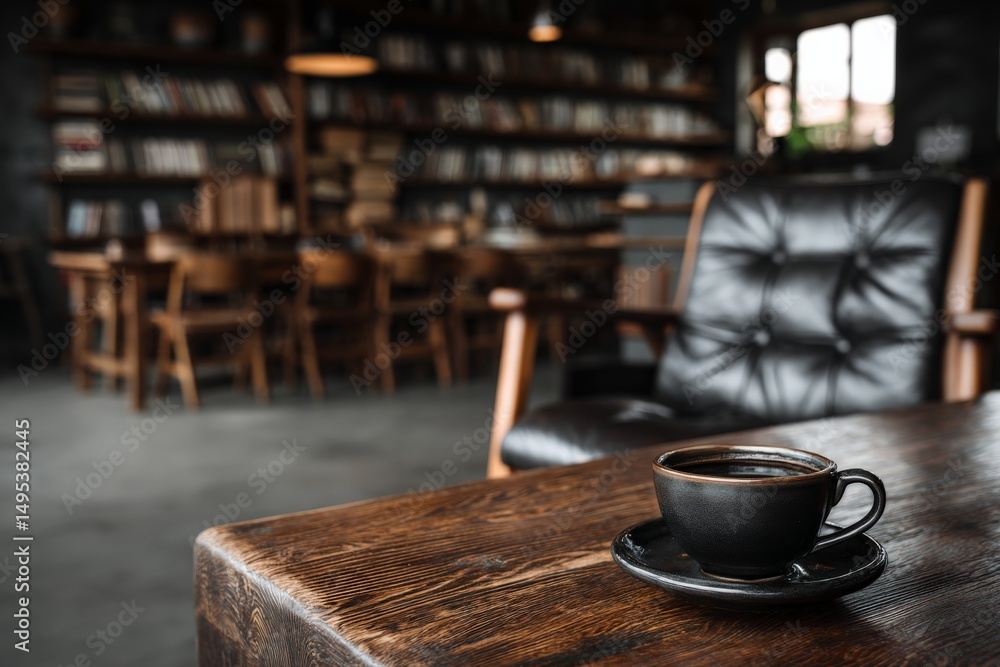 Poster cozy coffee cup on a rustic table in a quiet library cafe setting during the afternoon