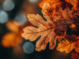 Autumnal oak leaves in warm, earthy tones