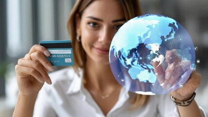 Digital transactions at your fingertips: A businesswoman in the foreground, with the glow of a globe hologram, represents global finance in a modern technological world, holding a payment card. - Powered by Adobe