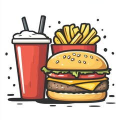 Delicious burger combo with fries and drink in a fun, colorful illustration for a fast food theme