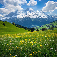 Obraz premium A stunning vista of alpine mountains and lush green fields under a brilliant blue sky.