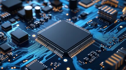 Close-Up of Microchip on Circuit Board with Blue Light Background