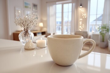 Warm cup of coffee sits on a kitchen counter in a cozy, bright living room