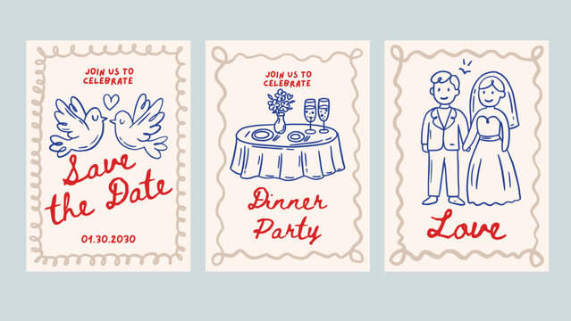 Doodle Wedding Sketch Card Set Love Romantic Hand Drawn Chalk Greeting Banner Vintage Vector Save The Date Party Dinner Birde Bride Collection
