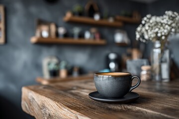 Obraz premium Warm cup of coffee on rustic wooden table in cozy cafe during afternoon