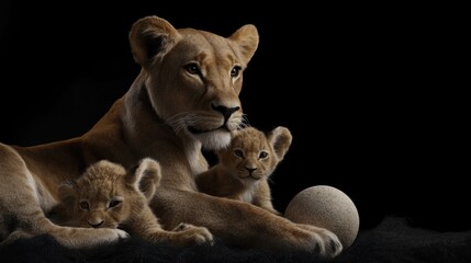 Obraz premium Lioness with cubs resting, dark background, wildlife