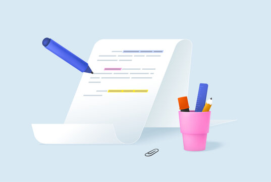 Copywriting, writing. 3d vector of paper with highlighted text and stationery. Editing, proofreading, document correction concept. Education, homework. Isolated vector illustration