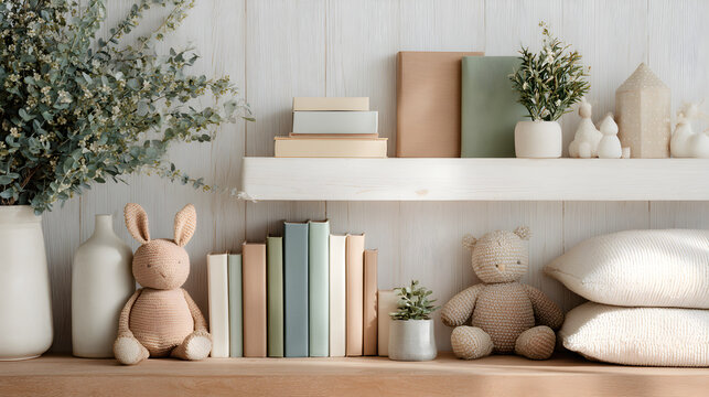 A minimalist nursery shelf in white wood, pastel books and plush toys arranged neatly, warm natural light gently highlighting soft textures 53808182 3
