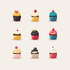 My very Simple flat 2D icon, cupcakes set isolated on a white background, vector, flat design, animation design, simple flat 2D icon, minimalist design, vector design, eps format
