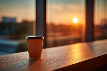 Warm coffee cup resting on wooden table with sunset view in background creating a cozy atmosphere