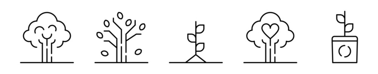 Conjunto de iconos de árbol. Naturaleza, crecimiento y sostenibilidad ambiental. Árbol frondoso, árbol seco, brote en crecimiento, árbol con corazón, planta ecológica. Ilustración vectorial