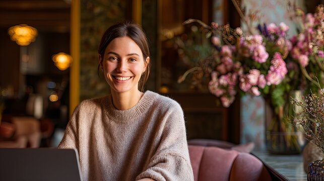 Smiling woman working on laptop cozy indoor setting personal development portrait warm atmosphere inspiring viewpoint