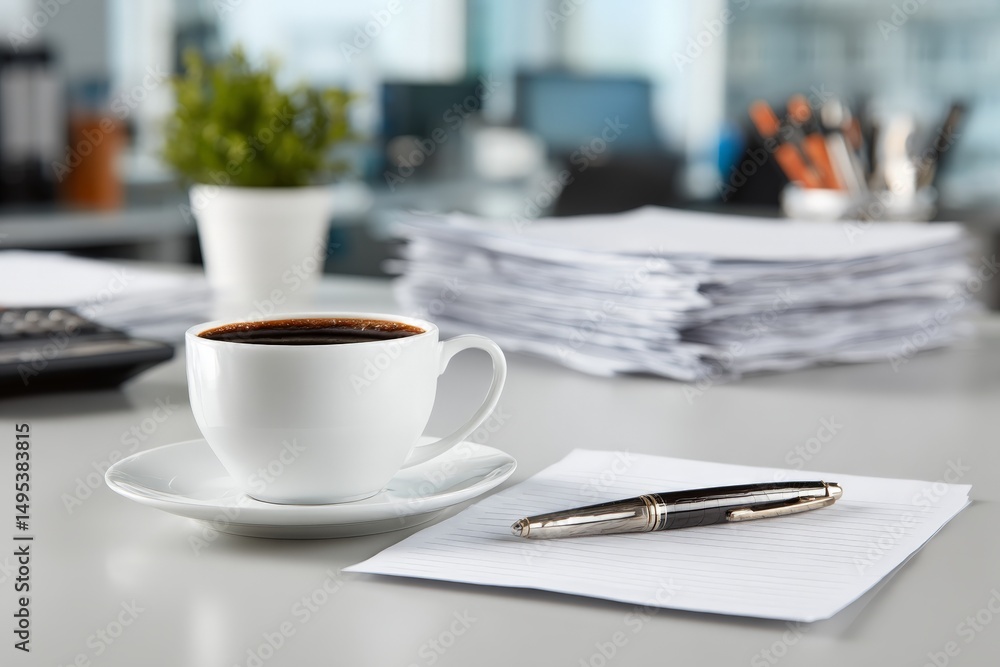 Aufkleber cup of coffee and stationery on a workspace desk with paperwork in an office setting during a bright