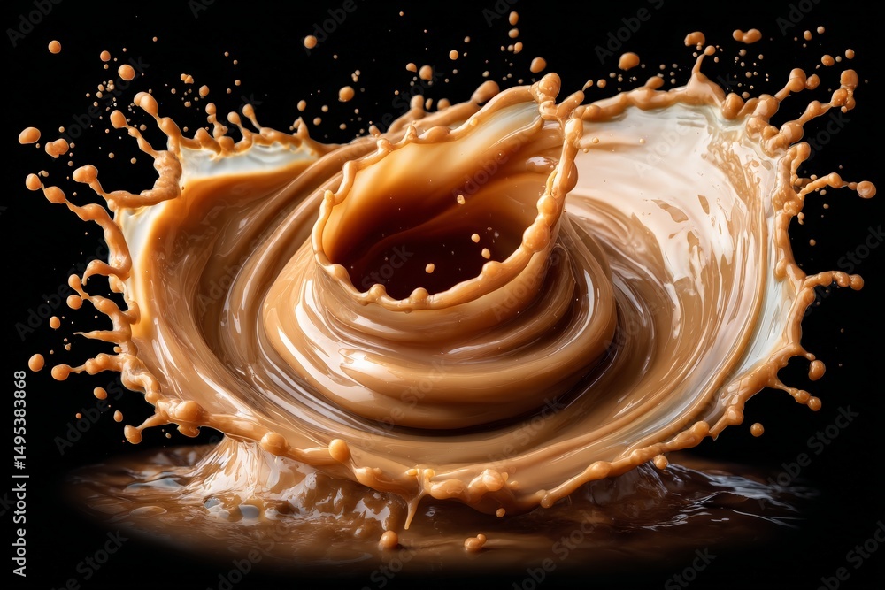 Poster bold splash of liquid chocolate creating a swirling vortex against a black backdrop