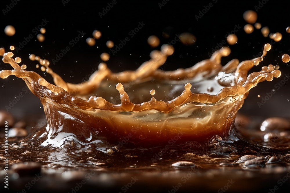 Poster splash of coffee captures dynamic moment of liquid movement in close-up