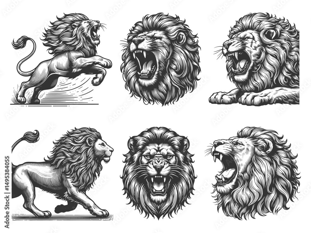 Poster roaring lion set collection bundle sketch engraving generative ai vector illustration. scratch board