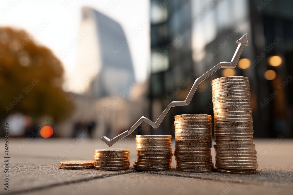 Poster coins stacked to represent financial growth with a rising graph in an urban setting during sunset