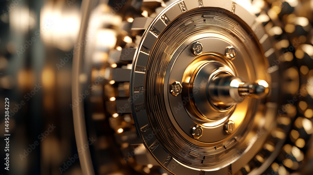Poster close up of a golden gear mechanism with intricate details and blurred background elements visible