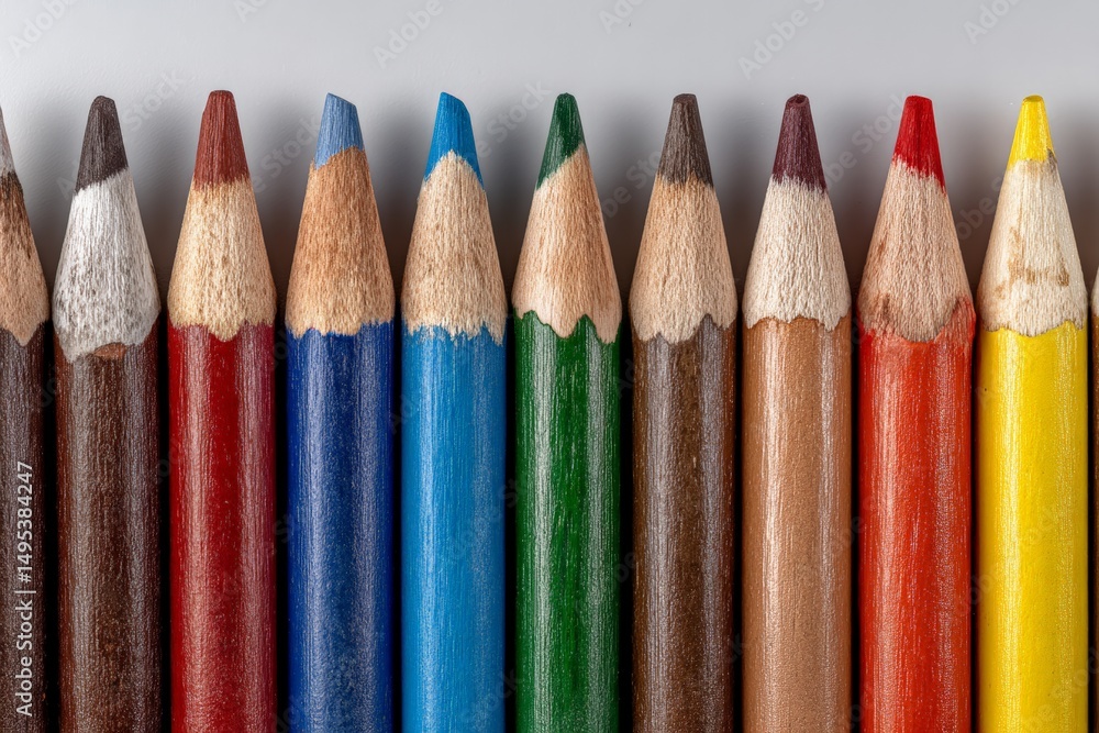 Poster Colorful set of sharpened pencils arranged neatly on a light background